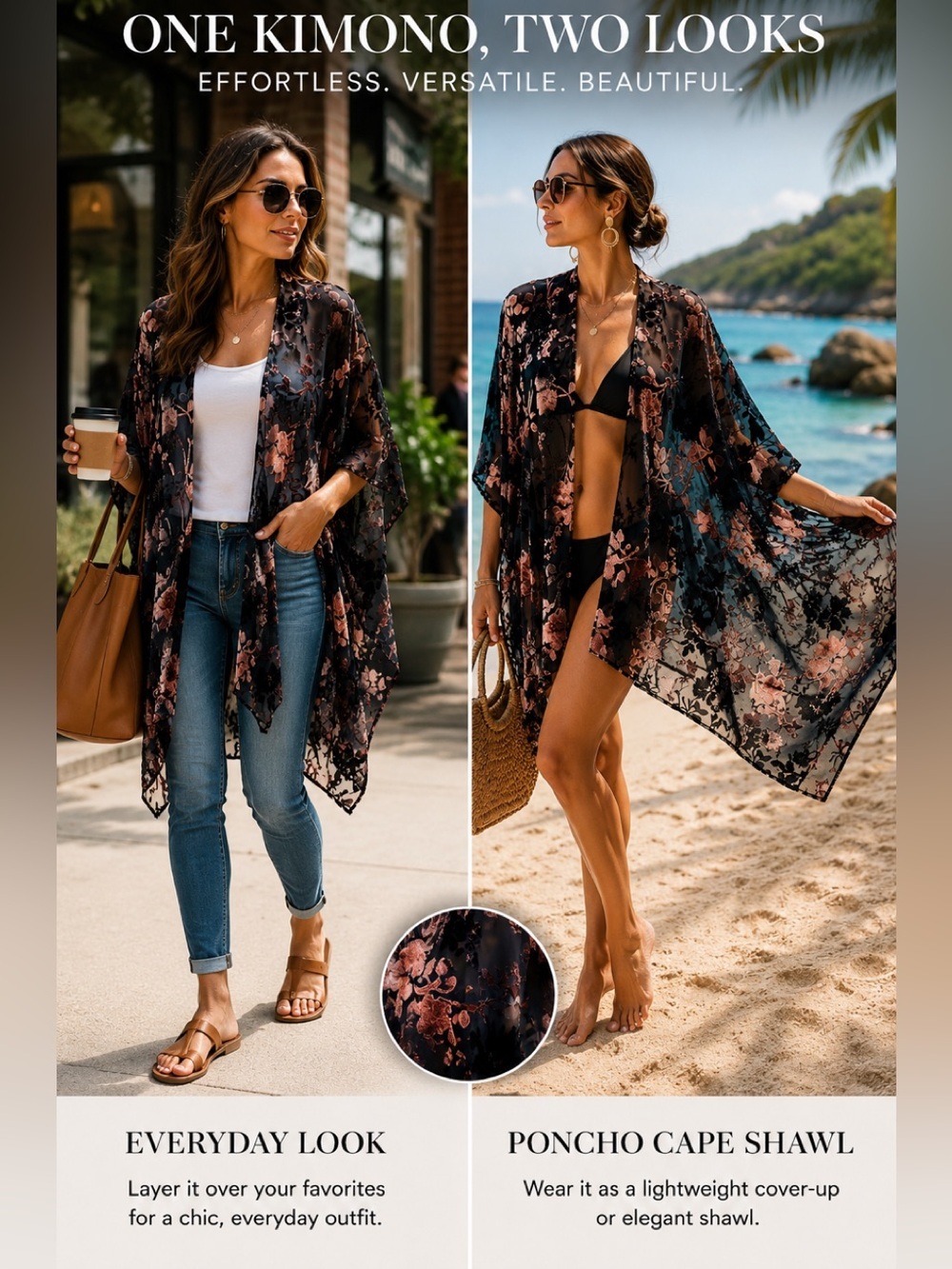 LOVE stitch pink black velvet floral kimono cardigan beach coverup shrug poncho